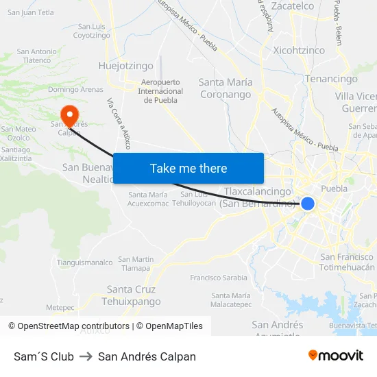 Sam´S Club to San Andrés Calpan map