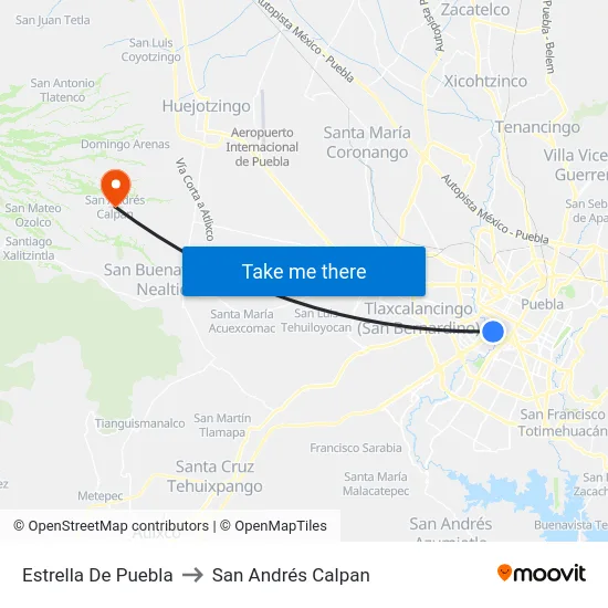 Estrella De Puebla to San Andrés Calpan map