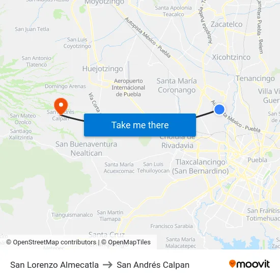 San Lorenzo Almecatla to San Andrés Calpan map