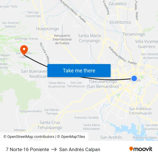 7 Norte-16 Poniente to San Andrés Calpan map