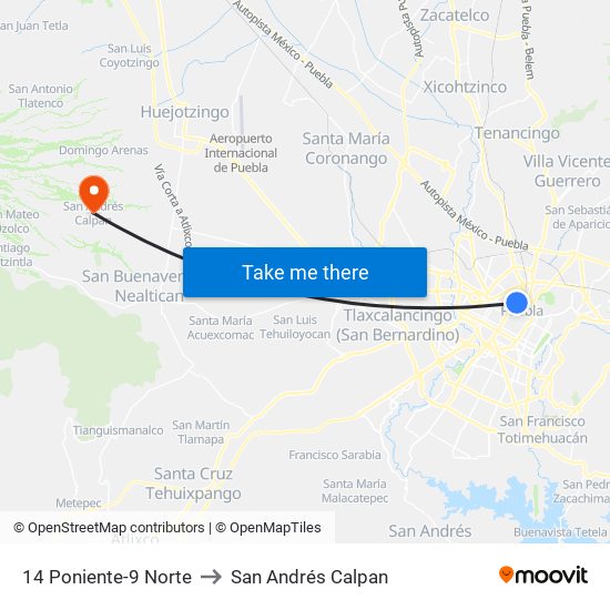 14 Poniente-9 Norte to San Andrés Calpan map