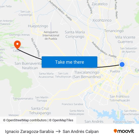Ignacio Zaragoza-Sarabia to San Andrés Calpan map
