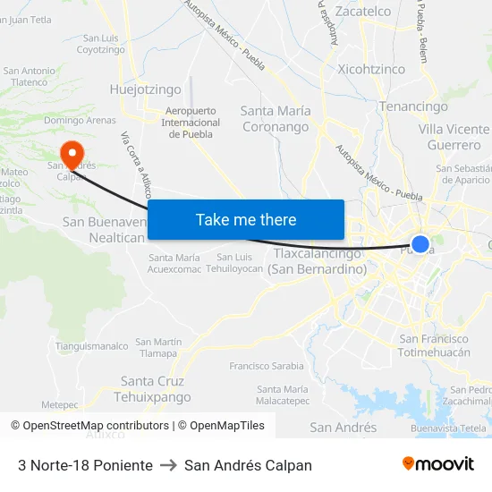 3 Norte-18 Poniente to San Andrés Calpan map