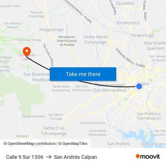 Calle 9 Sur 1306 to San Andrés Calpan map