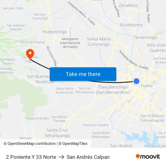 2 Poniente Y 33 Norte to San Andrés Calpan map