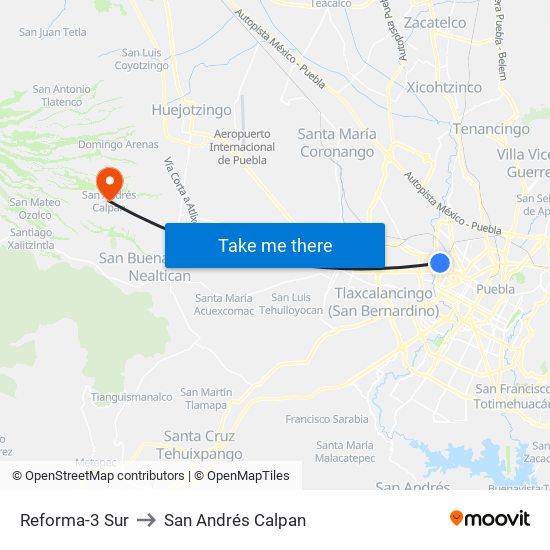 Reforma-3 Sur to San Andrés Calpan map