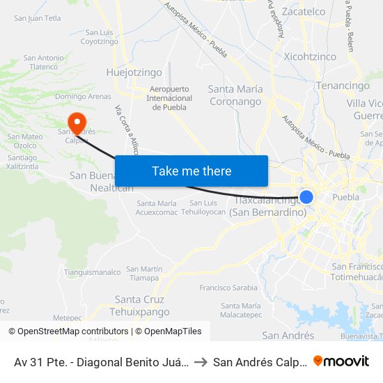 Av 31 Pte. - Diagonal Benito Juárez to San Andrés Calpan map