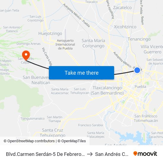 Blvd.Carmen Serdán-5 De Febrero Oriente to San Andrés Calpan map