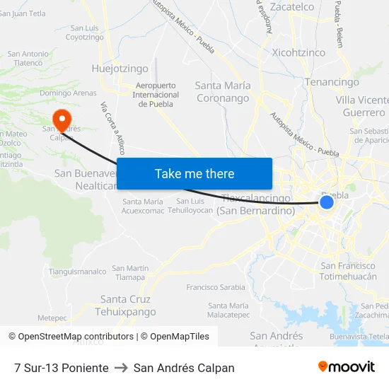 7 Sur-13 Poniente to San Andrés Calpan map
