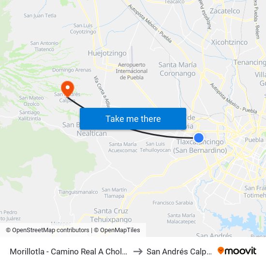 Morillotla - Camino Real A Cholula to San Andrés Calpan map