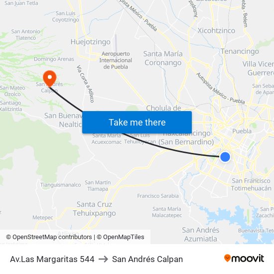 Av.Las Margaritas 544 to San Andrés Calpan map