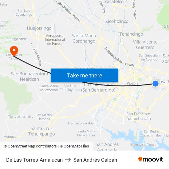 De Las Torres-Amalucan to San Andrés Calpan map