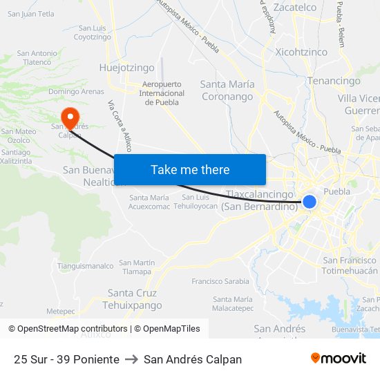 25 Sur - 39 Poniente to San Andrés Calpan map