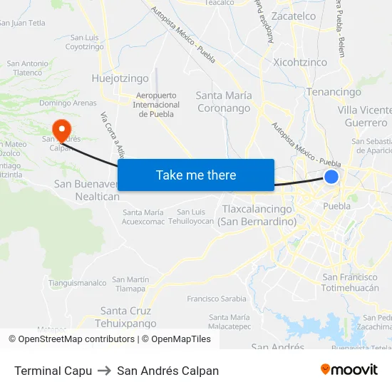 Terminal Capu to San Andrés Calpan map