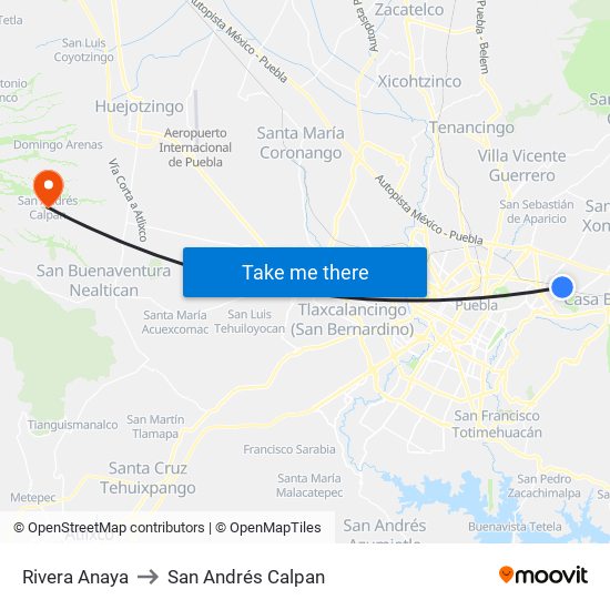 Rivera Anaya to San Andrés Calpan map