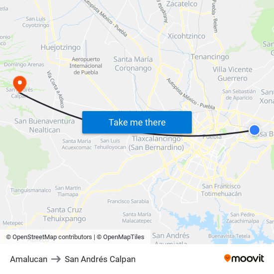 Amalucan to San Andrés Calpan map