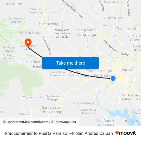 Fraccionamiento Puerta Paraiso to San Andrés Calpan map