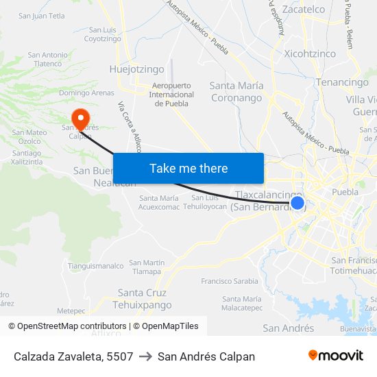 Calzada Zavaleta, 5507 to San Andrés Calpan map