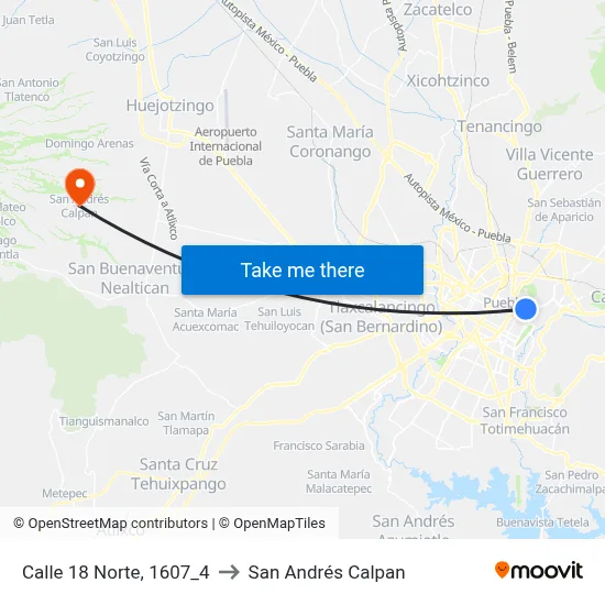 Calle 18 Norte, 1607_4 to San Andrés Calpan map
