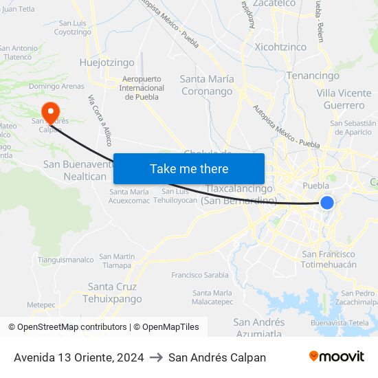 Avenida 13 Oriente, 2024 to San Andrés Calpan map