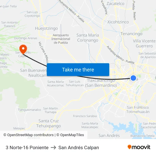 3 Norte-16 Poniente to San Andrés Calpan map