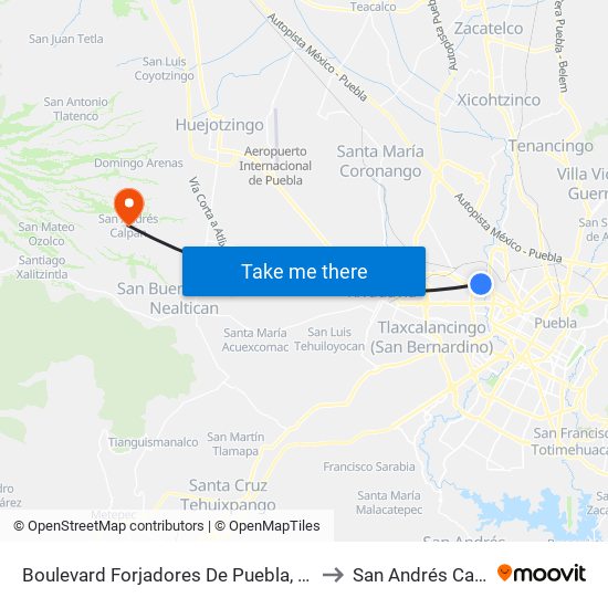 Boulevard Forjadores De Puebla, Km128 to San Andrés Calpan map