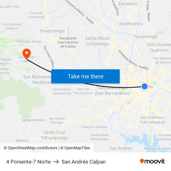 4 Poniente-7 Norte to San Andrés Calpan map