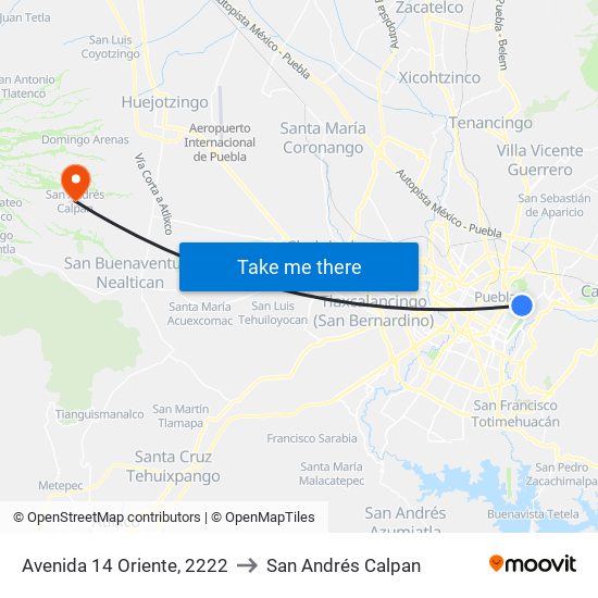 Avenida 14 Oriente, 2222 to San Andrés Calpan map