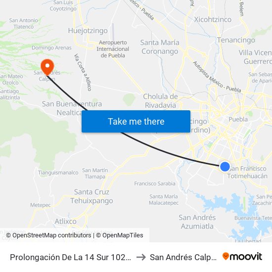 Prolongación De La 14 Sur 10234 to San Andrés Calpan map