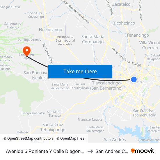 Avenida 6 Poniente Y Calle Diagonal 19 Norte to San Andrés Calpan map
