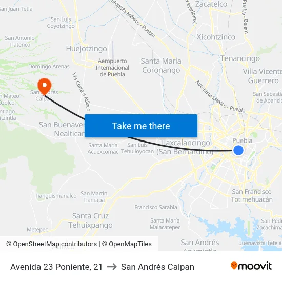 Avenida 23 Poniente, 21 to San Andrés Calpan map