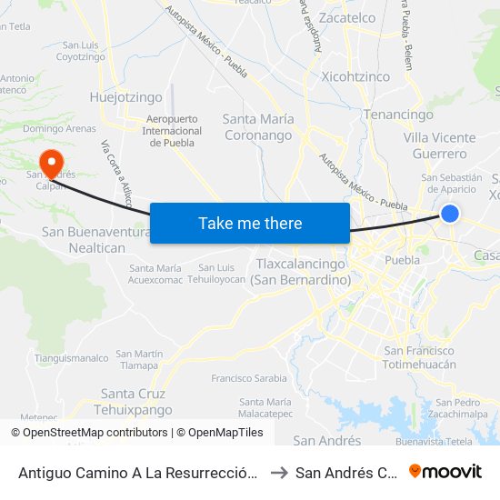 Antiguo Camino A La Resurrección, 10201a to San Andrés Calpan map