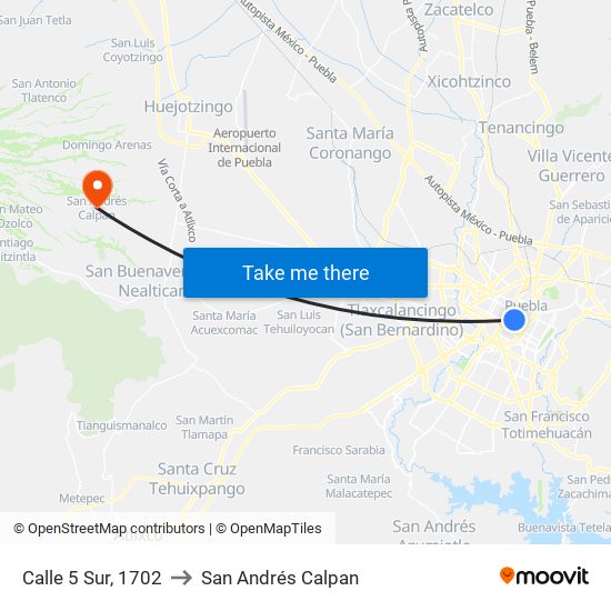 Calle 5 Sur, 1702 to San Andrés Calpan map