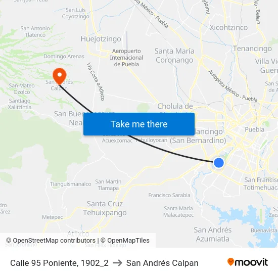 Calle 95 Poniente, 1902_2 to San Andrés Calpan map