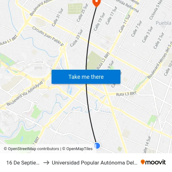 16 De Septiembre, Lb to Universidad Popular Autónoma Del Estado De Puebla map