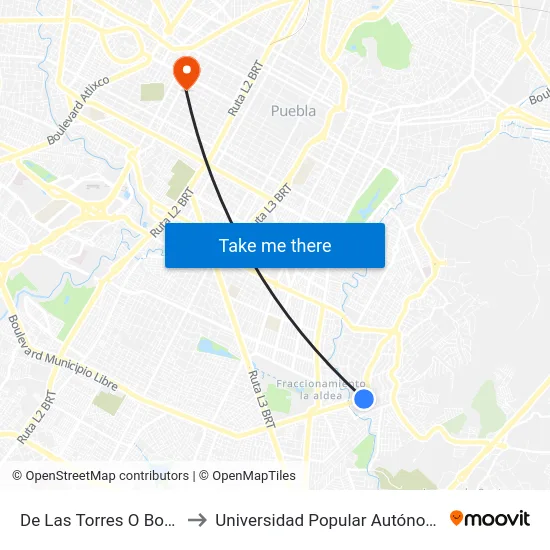 De Las Torres O Boulevard Mpio Libre to Universidad Popular Autónoma Del Estado De Puebla map