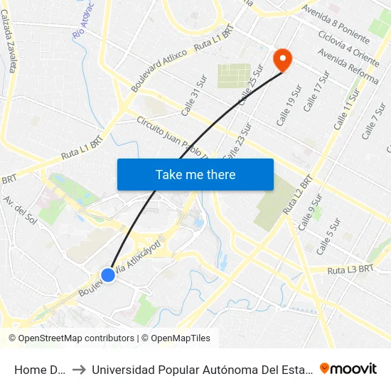 Home Depot to Universidad Popular Autónoma Del Estado De Puebla map