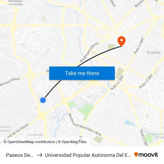 Paseos Del Ángel to Universidad Popular Autónoma Del Estado De Puebla map