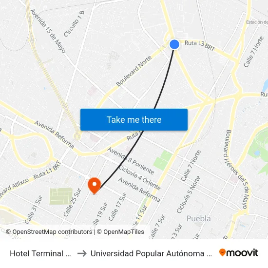 Hotel Terminal Blvrd. Norte to Universidad Popular Autónoma Del Estado De Puebla map