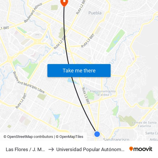 Las Flores / J. María La Fragua to Universidad Popular Autónoma Del Estado De Puebla map