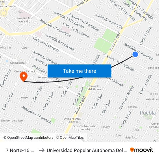 7 Norte-16 Poniente to Universidad Popular Autónoma Del Estado De Puebla map