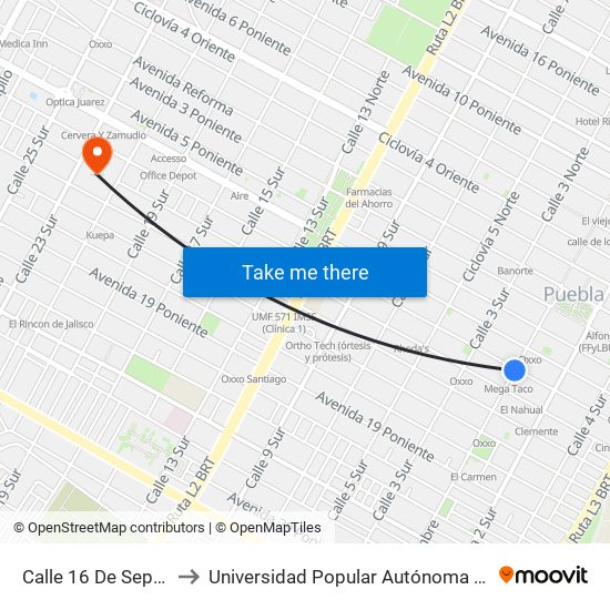 Calle 16 De Septiembre 901 to Universidad Popular Autónoma Del Estado De Puebla map