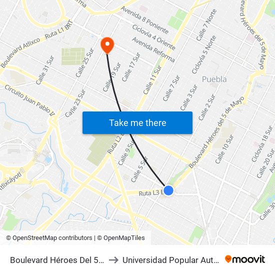 Boulevard Héroes Del 5 De Mayo Sn Bbv Bancomer to Universidad Popular Autónoma Del Estado De Puebla map