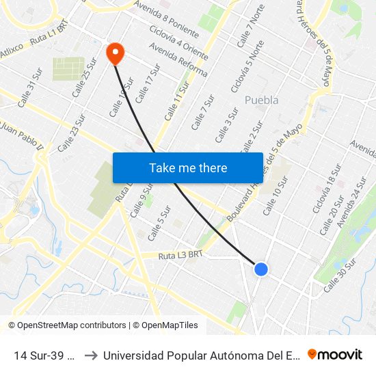 14 Sur-39 Oriente to Universidad Popular Autónoma Del Estado De Puebla map