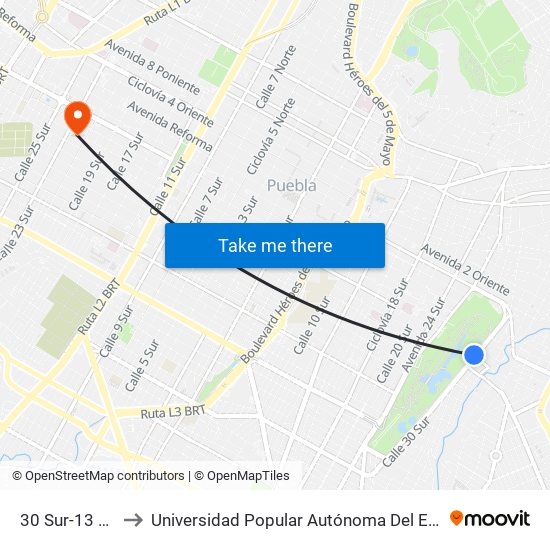 30 Sur-13 Oriente to Universidad Popular Autónoma Del Estado De Puebla map