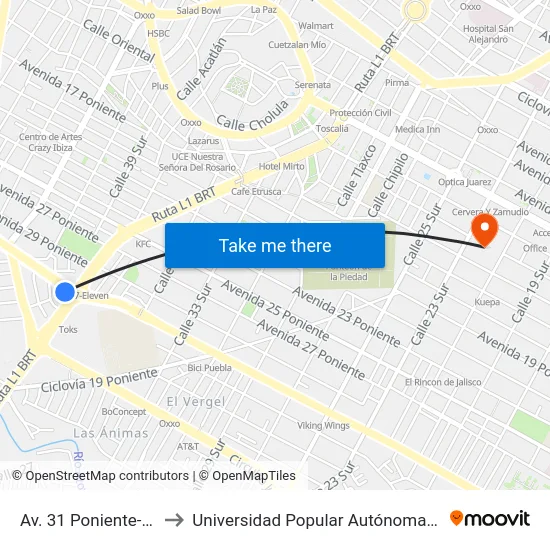 Av. 31 Poniente-Blvrd. Atlixco to Universidad Popular Autónoma Del Estado De Puebla map