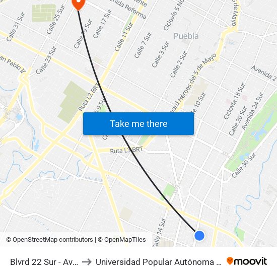 Blvrd 22 Sur - Av San Manuel to Universidad Popular Autónoma Del Estado De Puebla map