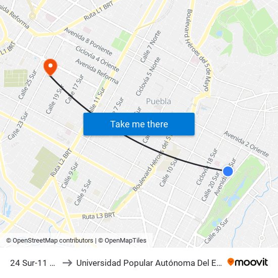 24 Sur-11 Oriente to Universidad Popular Autónoma Del Estado De Puebla map