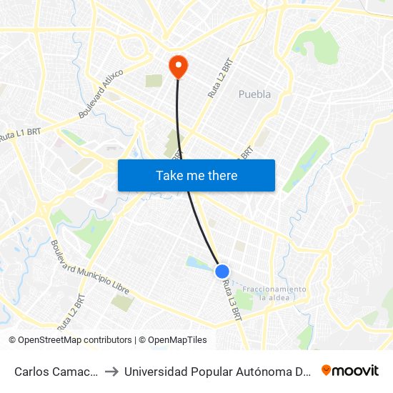 Carlos Camacho-14 Sur to Universidad Popular Autónoma Del Estado De Puebla map
