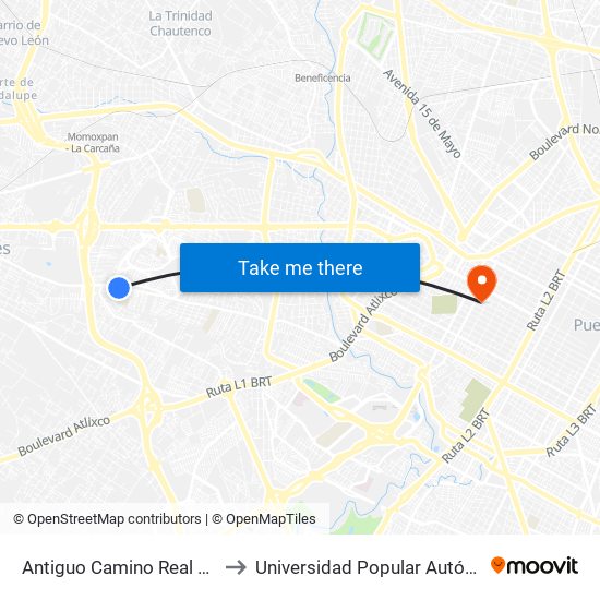 Antiguo Camino Real A Cholula - Azteca Norte to Universidad Popular Autónoma Del Estado De Puebla map